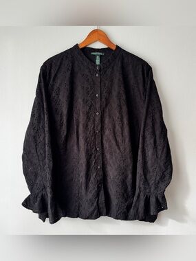 Lauren Ralph Lauren Black Floral Eyelet Button Down Blouse Plus Size 22W / 3X